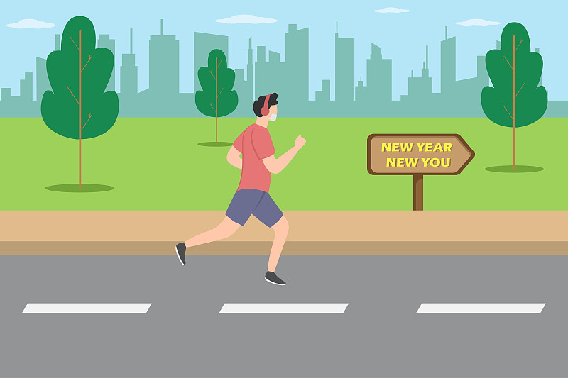 Young man jogging with new year new you text