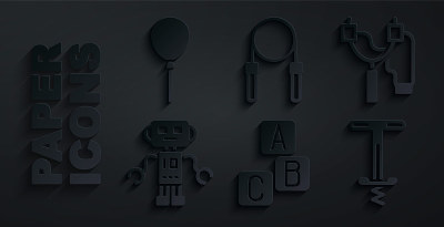 设置ABC积木，弹弓，机器人玩具，弹簧单高跷跳跃，跳绳和气球带图标。向量