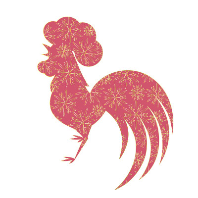 带有花卉装饰的公鸡的剪影。红色的公鸡。