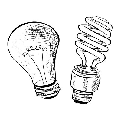 紧凑型荧光灯和灯泡示意图。墨水素描灯泡图标