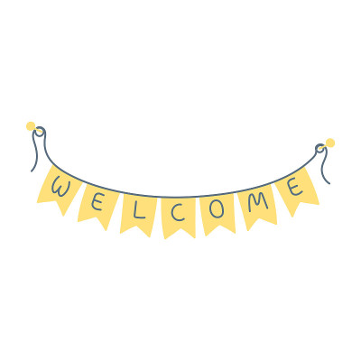 Welcome sign on the hanging yellow flag garland
