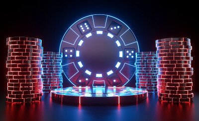 基座和赌场芯片霓虹灯- 3D插图