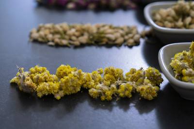 大品种的多色干茶叶和花拍摄在白色桌上