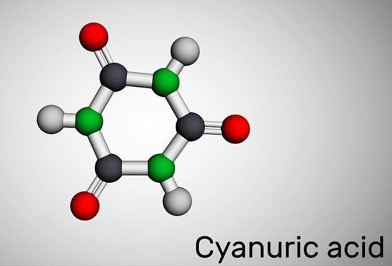 三聚氰酸分子。它是三嗪，异氰尿酸的烯醇互变异构体。分子模型。三维渲染