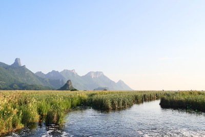 石灰岩山，岩壁林立，森林郁郁葱葱