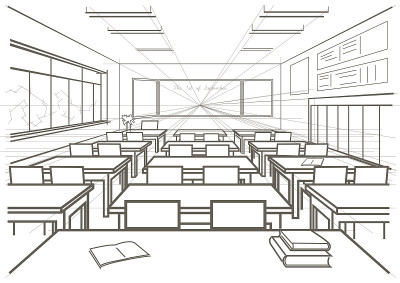 线性建筑素描室内学校教室
