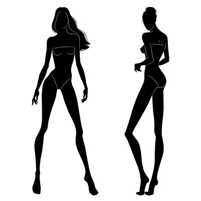时装模特走在讲台上的黑色剪影。美丽苗条的女人孤立在白色背景，矢量插图。