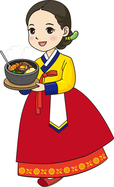 穿着民族服装拿着韩国食物的女人