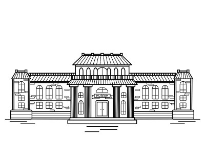 博物馆建筑立面的轮廓图。有柱的历史建筑。矢量黑白轮廓对象
