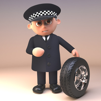 严肃的警官角色正在检查一辆汽车轮胎的胎面深度，3d插图