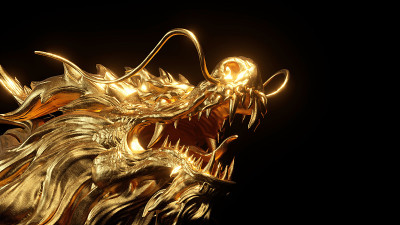 三维渲染金色中国辉光龙孤立在黑色背景