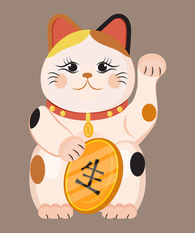 在棕色本底分离出马尼卡蛇形病媒。日本传统文化中的幸运猫。扁平风格的护身符或吉祥物象征。