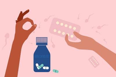 Birth control pill concept.Spermatozoa swim around