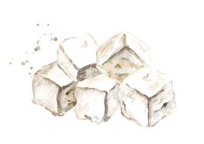 希腊羊乳酪的方块。水彩手绘插图，孤立的白色背景