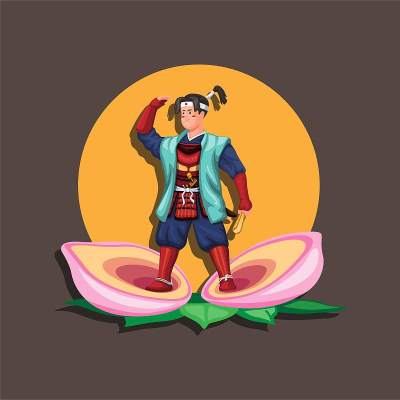 桃太郎是日本民间传说中的英雄。他的名字翻译过来就是桃子太郎。图形字符插图向量
