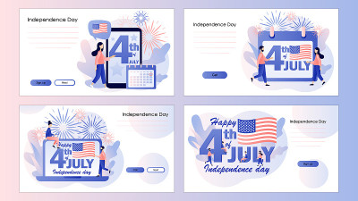 7月4日。小人庆祝美国独立日。七月四日快乐。屏幕模板登陆页面，模板，ui, web，移动应用程序，海