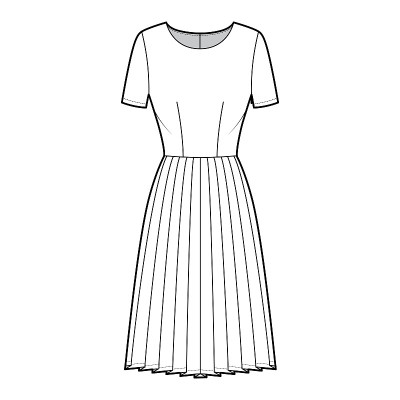 穿短袖打褶的技术时尚插图，合身的身体，及膝裙。平服装方面