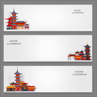 三个矢量横幅，中国传统建筑