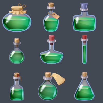 一套魔术瓶液体药水幻想仙丹。用于应用游戏用户界面的游戏图标GUI。矢量插图孤立的卡通风格的灰色背景