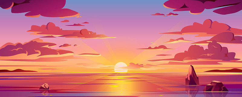 海洋日落或海洋日出的全景。矢量图的水和天空的地平线，太阳的反射。黄昏或黎明，傍晚或早晨的海滩景观。风