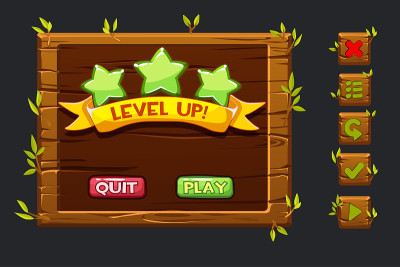 Game ui kit. Template wooden menu of graphical use