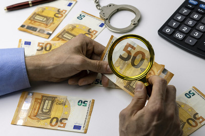 金融犯罪与洗钱侦查概念。调查员用放大镜调查证据