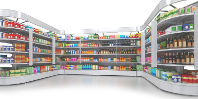 在自助商店里，有彩色商品的开放式货架。