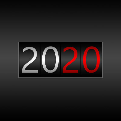 2020. 新年黑色里程表黑色背景- 2020年设计，里程表风格与白色和红色的数字