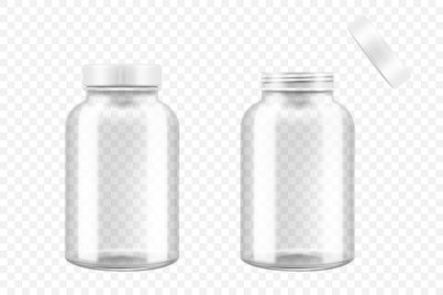 打开和关闭的玻璃医药药瓶，三维逼真的矢量插图。模拟模板集的药物，药丸，胶囊，药物隔离在白色背景