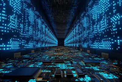 未来的外星人超级计算机连接网络数据中心3d渲染
