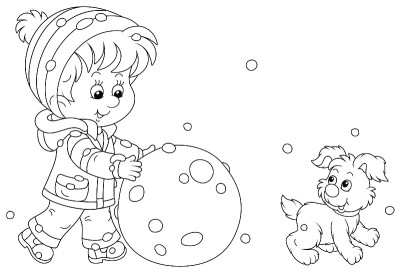 一个快乐的小男孩正在滚一个大雪球