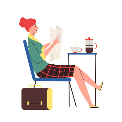 女人享受她的晨报，平面矢量插图孤立。