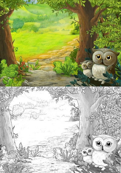 卡通场景与猫头鹰在森林和路径到山谷-插图