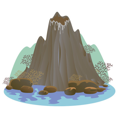 一组不同程度喷发的火山，一个沉睡或苏醒的危险的火山，从岩浆的灰烬和烟雾飞出，熔岩流下山的矢量插图