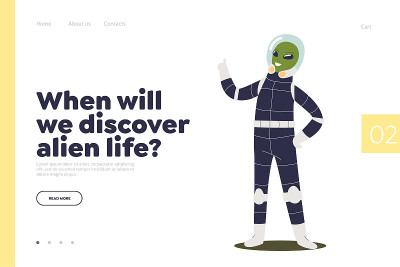 用宇宙飞船发现外星生命登陆页概念外星宇航员。绿色宇宙怪物