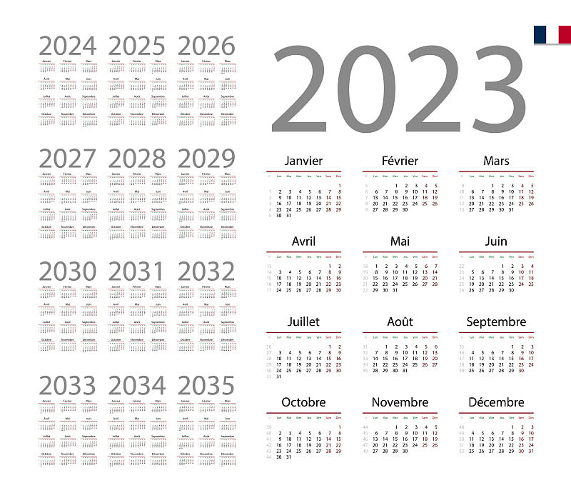 French Calendar for 2023. Week starts on Monday