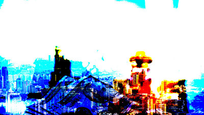 硬混双重曝光的现代城市与美元钞票和硬币。用作抽象背景。
