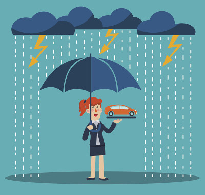 商务妇女与雨伞站在雷雨保护汽车