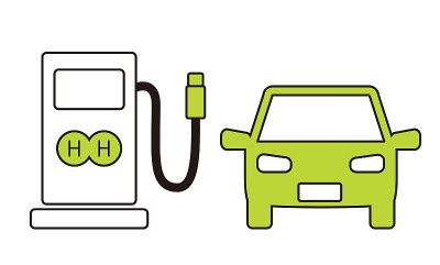 这幅插图描绘了一个氢气站和一个燃料电池汽车。