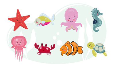海洋生物，海洋动物设置在一个平坦的风格孤立在一个白色的背景