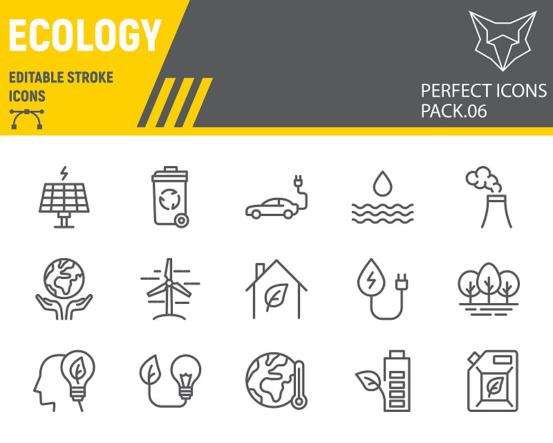生态线图标集，生态符号收集，矢量草图，标志插图，环境图标，绿色生态符号线性象形图，可编辑笔画。