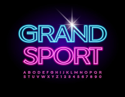 矢量霓虹徽章Grand Sport。电子字母和数字集