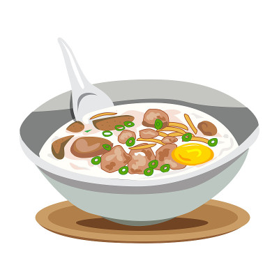 猪肉蛋米粥，传统泰国食物收集，矢量插图放在盘子上，白色背景