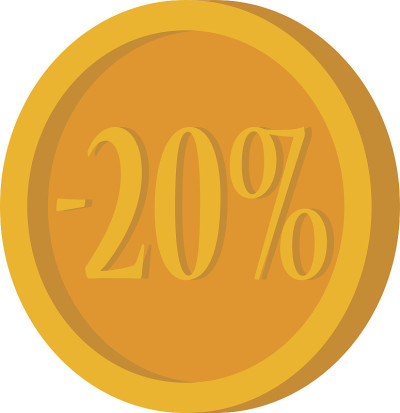 白色背景上有负20%的金币。销售、报价,折扣