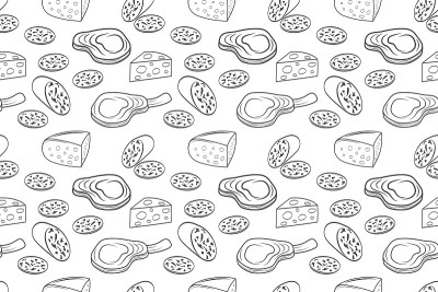 Outline sausage, steak and cheese seamless pattern