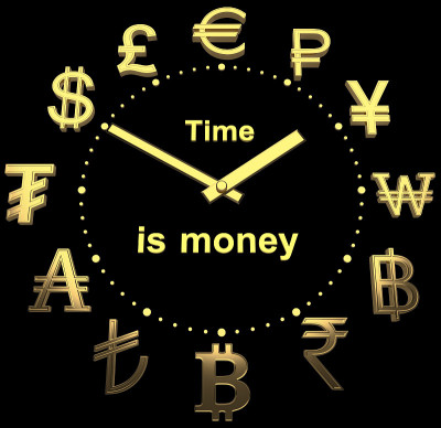 金色表盘上有不同国家的金色货币符号和文字——时间就是金钱。