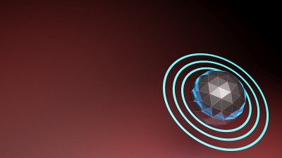 红色背景与多面体球体与蓝色环在一个角落- 3D渲染插图