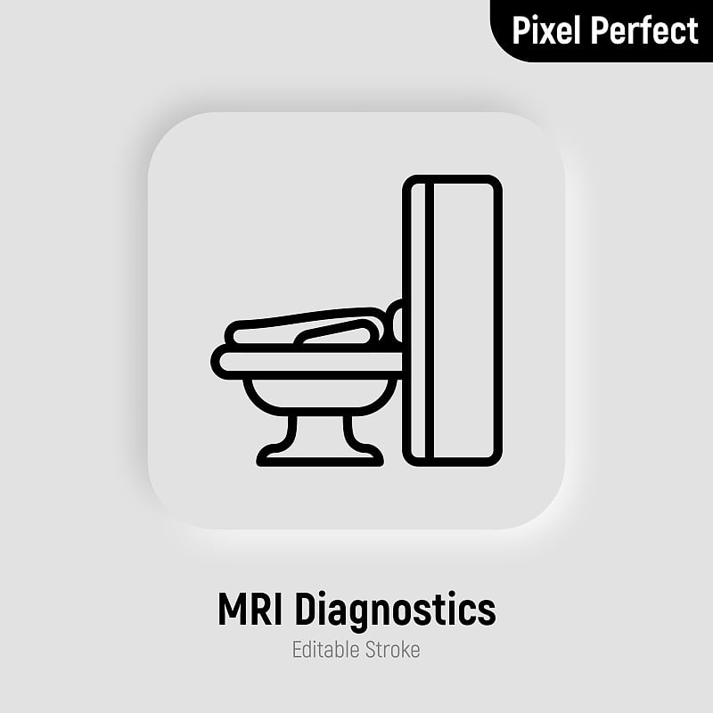 人在核磁共振扫描仪细线图标。肿瘤检测用医疗设备。像素完美，可编辑的笔触。矢量插图。