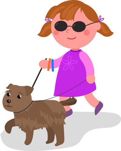 卡通盲女与导盲犬，孤立的插图