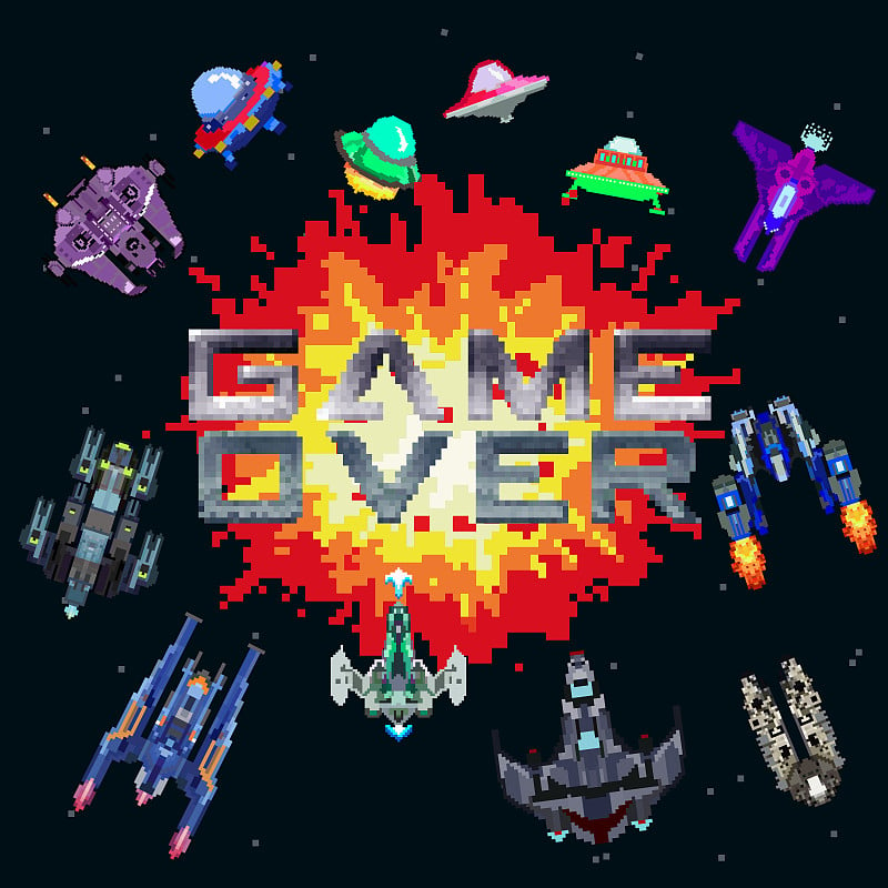 game over. Pixel art 8-bit game design. Pixel art 